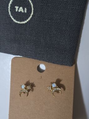 Tai Gold Crescent and Opal Star Stud Earrings